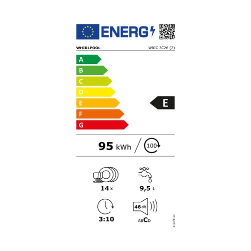 Lavavajillas integrable WHIRLPOOL WRIC 3C26 capacidad: 14 servicios, clasificación energética: E,  H: 82cm, A: 60cm, F: 60cm.