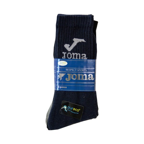 Pack de 3 pares de calcetines deportivos de rizo JOMA, color azul/negro/gris, talla 43/46.