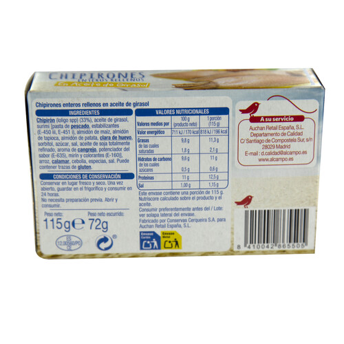 PRODUCTO ALCAMPO Chipirones rellenos enteros, en aceite de girasol PRODUCTO ALCAMPO 75 g.