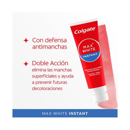 COLGATE Max white instant Pasta de dientes con flúor y acción blanqueante instantánea 75 ml.