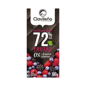 Imagen de CLAVILEÑO Chocolate negro extrafino 72% cacao y frutas del bosque con stevia 100 g.