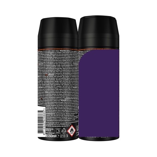 AXE Leather & cookies Desodorante en spray para hombre anti transpirante hasta 48 horas 2 x 150 ml.
