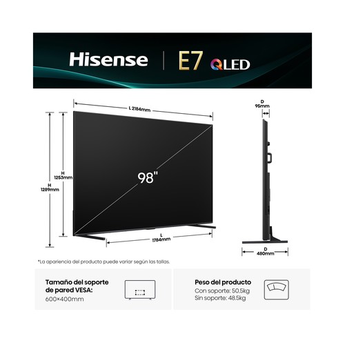 Televisión 248,92 cm (98") QLED HISENSE 98E7Q, 4K, VIDAA, Dolby Vision/atmos, 144Hz, 4 x HDMI, usb 2.0/3.0