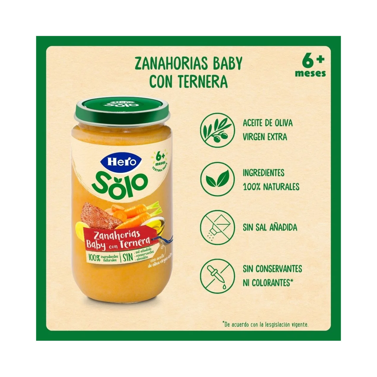 Solo Tarrito de zanahorias baby con ternera (textura suave), a partir de 6 meses 235 g.