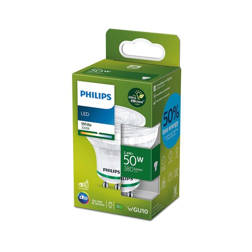 Bombilla Led GU10, 2.4W=50W, luz cálida 3000K, 380lm, PHILIPS.