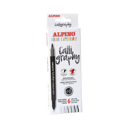 Pack de 6 rotuladores de escritura con doble punta (punta fina y punta pincel) color negro y gris, Calligraphy ALPINO.