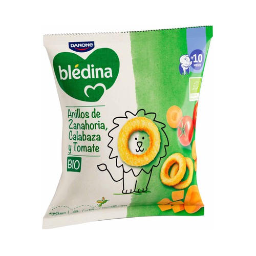 BLÉDINA Bio de Danone Snacks (anillos) de zanahoria, calabaza y tomate ecológicos, a partir de 10 meses 20 g.