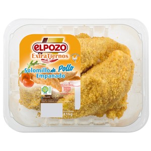 Imagen de Bandeja con solomillos de pechuga de pollo marinados y empanados, elaborados sin gluten EL POZO Extratiernos 415 g.