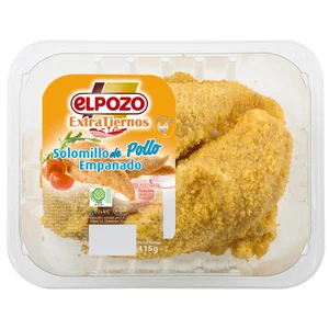 Bandeja con solomillos de pechuga de pollo marinados y empanados, elaborados sin gluten EL POZO Extratiernos 415 g.