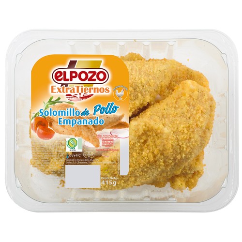 Bandeja con solomillos de pechuga de pollo marinados y empanados, elaborados sin gluten EL POZO Extratiernos 415 g.