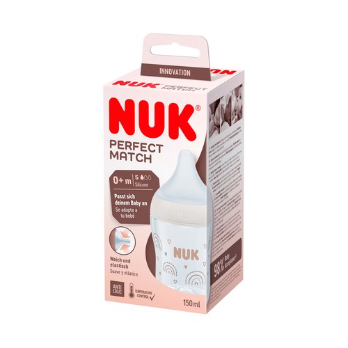 NUK Perfect match Biberón de 150 ml. con tetina de silicona suave, a partir de 0 meses.