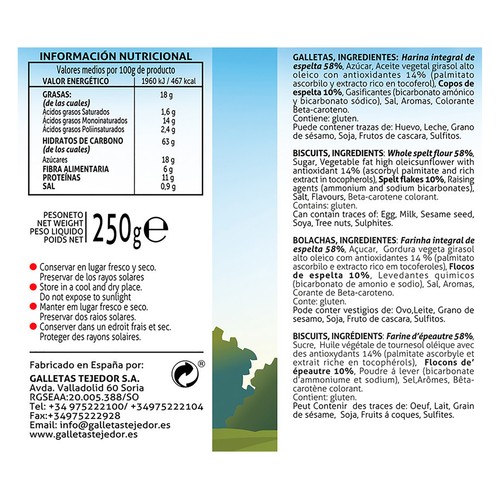 TEJEDOR Galletas de trigo espelta 250 g.