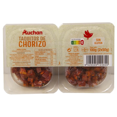AUCHAN Chorizo cortado en taquitos, elaborado sin gluten 2 x 50 g. Producto Alcampo