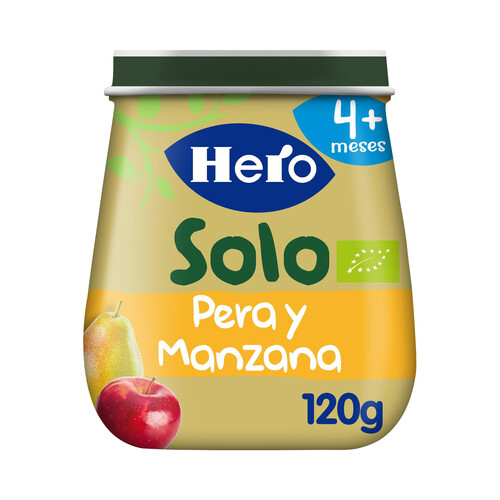 HERO Solo Tarrito de fruta (pera y manzana), ecológica, para bebés a partir de 4 meses 120 g.