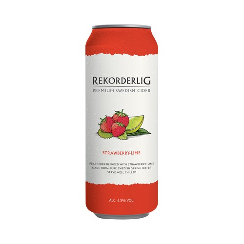 REKORDERLIG Cider de pera con un toque de fresa y lima lata 50 cl.