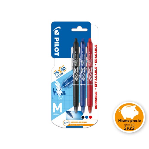 3 bolígrafos retráctiles roller, punta media, grosor 0.7mm, varios colores PILOT Frixion ball clicker.