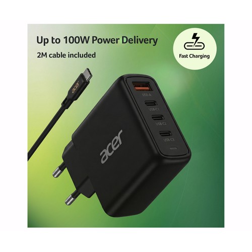 Cargador 3 puertos usb-C + usb-A ACER, 100W, 2 metros de cable usb-C, color negro