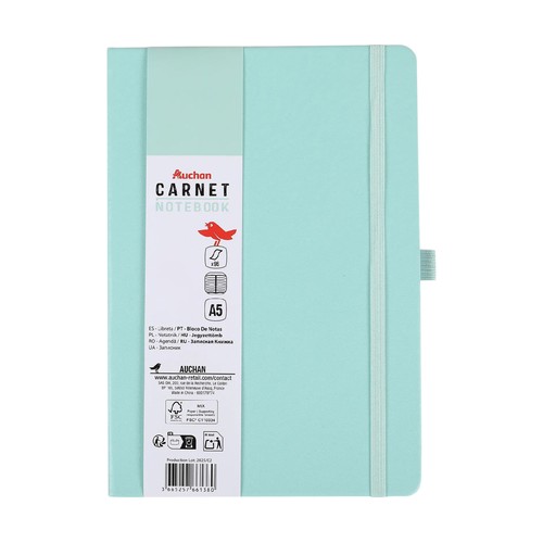 Cuaderno A5 de hojas rayadas, 96 hojas, 80 gr, color verde, ALCAMPO.
