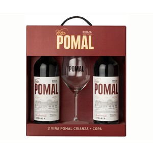 VIÑA POMAL Estuche con 2 botellas vino tinto crianza con D.O Ca. Rioja + copa.