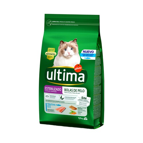 ULTIMA Alimento para gatos esterilizados, seco, con trucha, cereales integrales y verduras ULTIMA 1,5 kg.