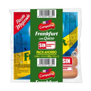 Imagen de CAMPOFRÍO Salchichas cocidas tipo Frankfurt de pollo, pavo y cerdo con queso CAMPOFRIO 3 x 140 g.