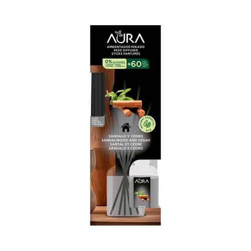 AURA Ambientador de varillas con aroma a sándalo y cedro 50ml.