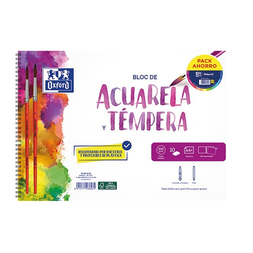 Bloc de dibujo acuarela A4 y pincel, tapa dura, 10 hojas, 300 gr, OXFORD.