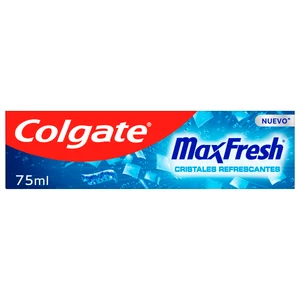 COLGATE Max fresh Pasta de dientes con flúor, cristales refrescante y sabor a menta fresca 75 ml.