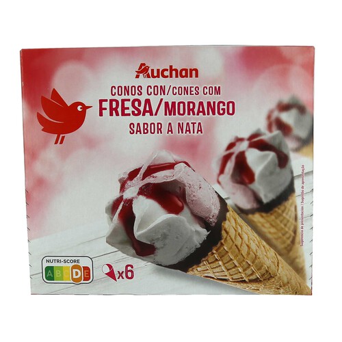 AUCHAN Conos de helado de nata y fresa con salsa de fresa 6 x 120 ml. Producto Alcampo