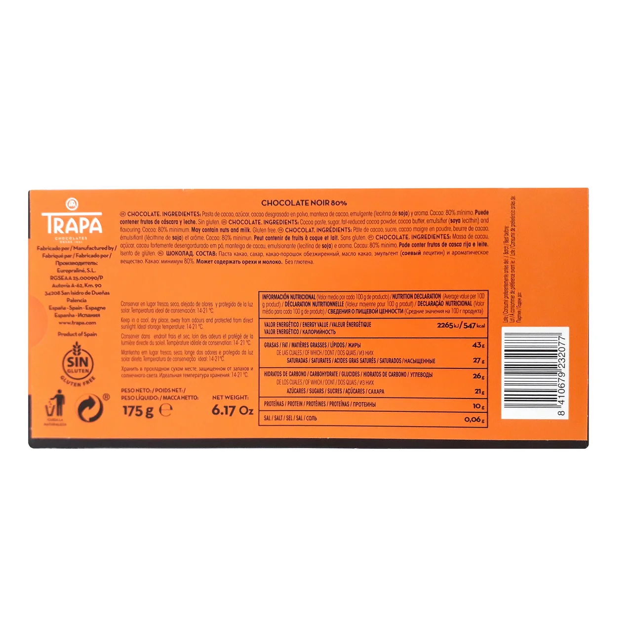 Chocolate negro (80 % cacao) 175 g.