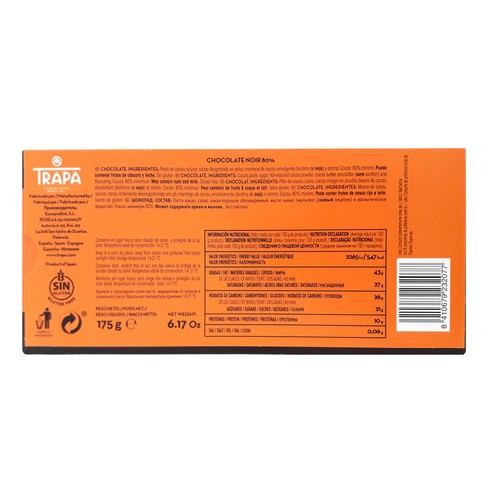 TRAPA Chocolate negro (80 % cacao) 175 g.