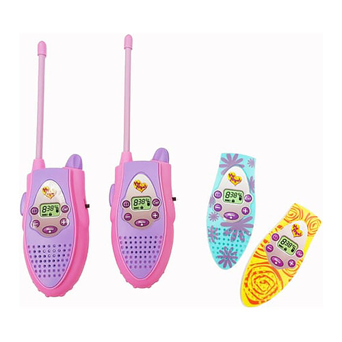 Cojunto de 2 walkie talkie infantiles color rosa y morado, incluye 2 carcasas intercambiables, JUGUETS.