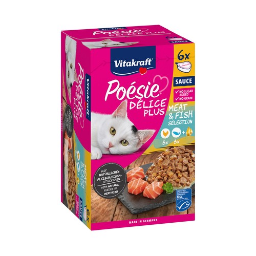 VITAKRAFT Poésie Alimentación húmeda para gatos en tarrinas con sabor a pollo y salmón  6 uds 85 g