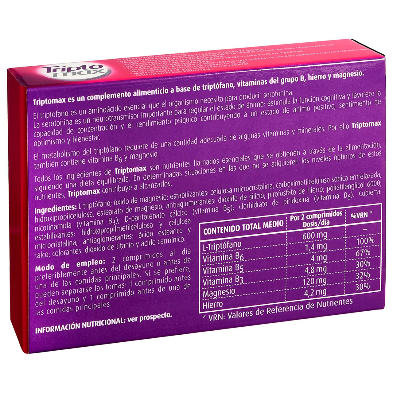 Complemento alimenticio a base de Triptófano, vitaminas (B3, B5, B6), magnesio y hierro 30 uds.