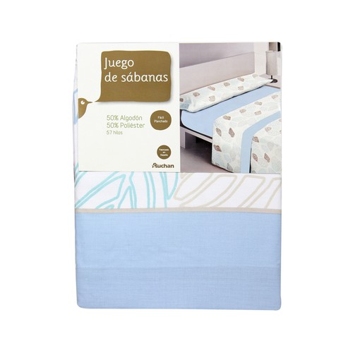 Juego de sábanas 50% algodón 50% poliéster, 3 piezas color lila estampado hojas, 90cm. PRODUCTO ALCAMPO.