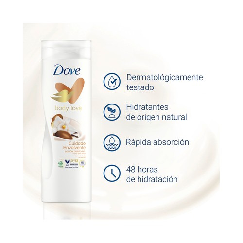 DOVE Loción corporal nutritiva con manteca de karité y fragancia a vainilla, para piel seca DOVE Cuidado envolvente 400 ml.
