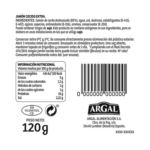 ARGAL Jamón cocido extra 120 g.
