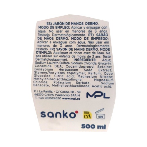 SANKO Dermo Jabón de manos líquido con Ph neutro 500 ml.