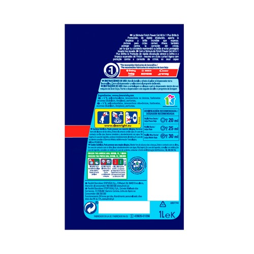 FINISH Detergente concentrado en gel para lavavajillas, Todo en 1 50 lav. 1 l.