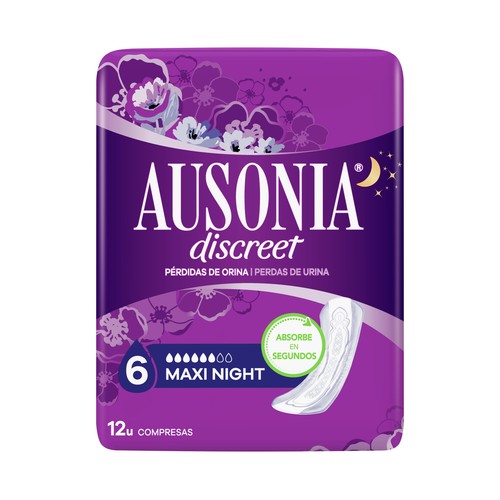 AUSONIA Discreet Compresas maxi noche, para pérdidas de orina (vejigas hiperactivas) 12 uds.