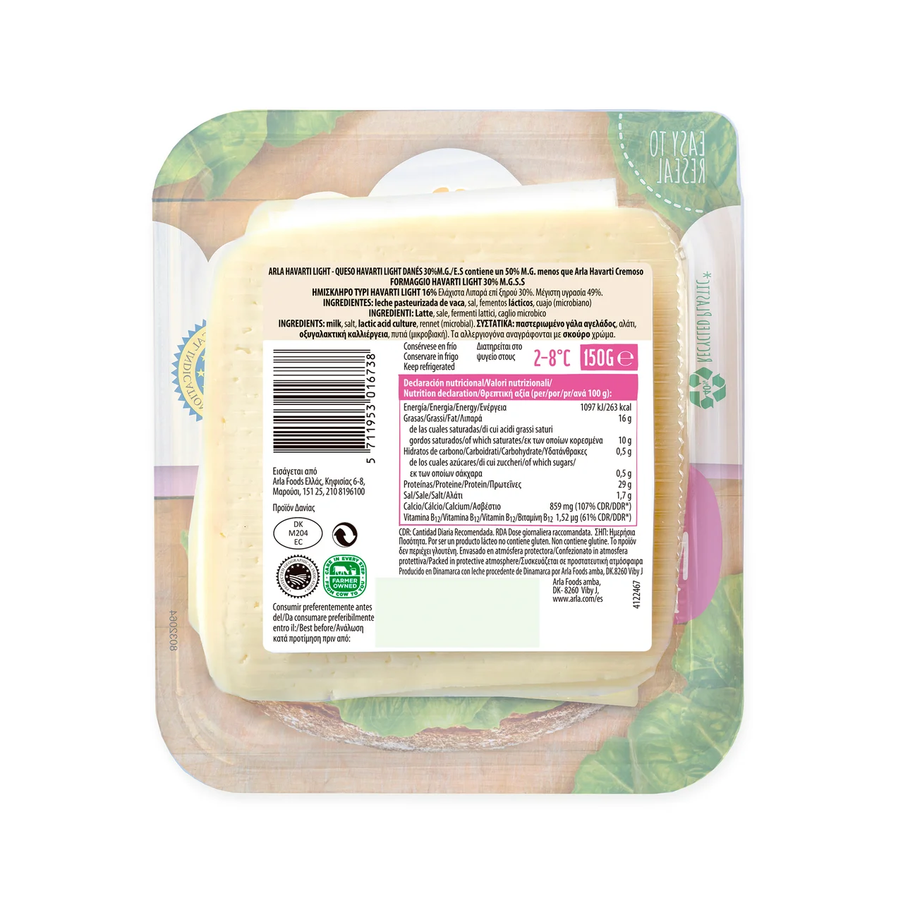 Queso Havarti light en lonchas 175 g.