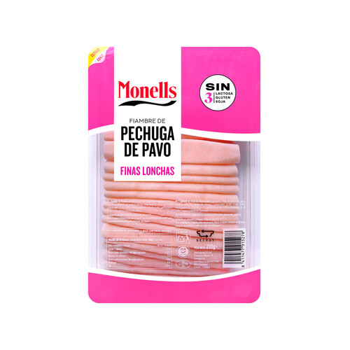Fiambre de pechuga de pavo, extrajugosa y cortada en finas lonchas MONELLS 230 g.