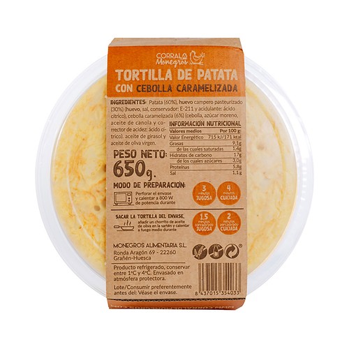 CORRAL DE MONEGROS Tortilla de patatas fresca y con cebolla CORRAL DE MONEGROS 650 g.
