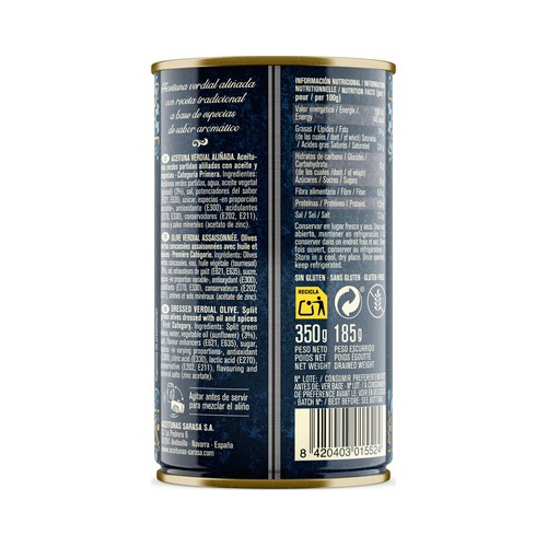 SARASA Hechizos del Sur aceitunas verdes aliñadas 185 g.