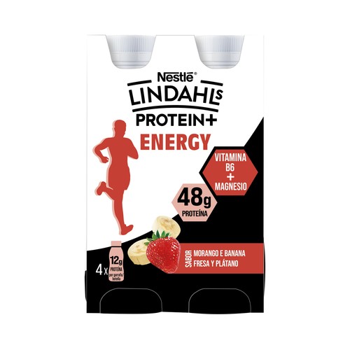 LINDAHLS Protein+ Energy Bebida láctea proteica sabor fresa y plátano 4 x 160 ml.