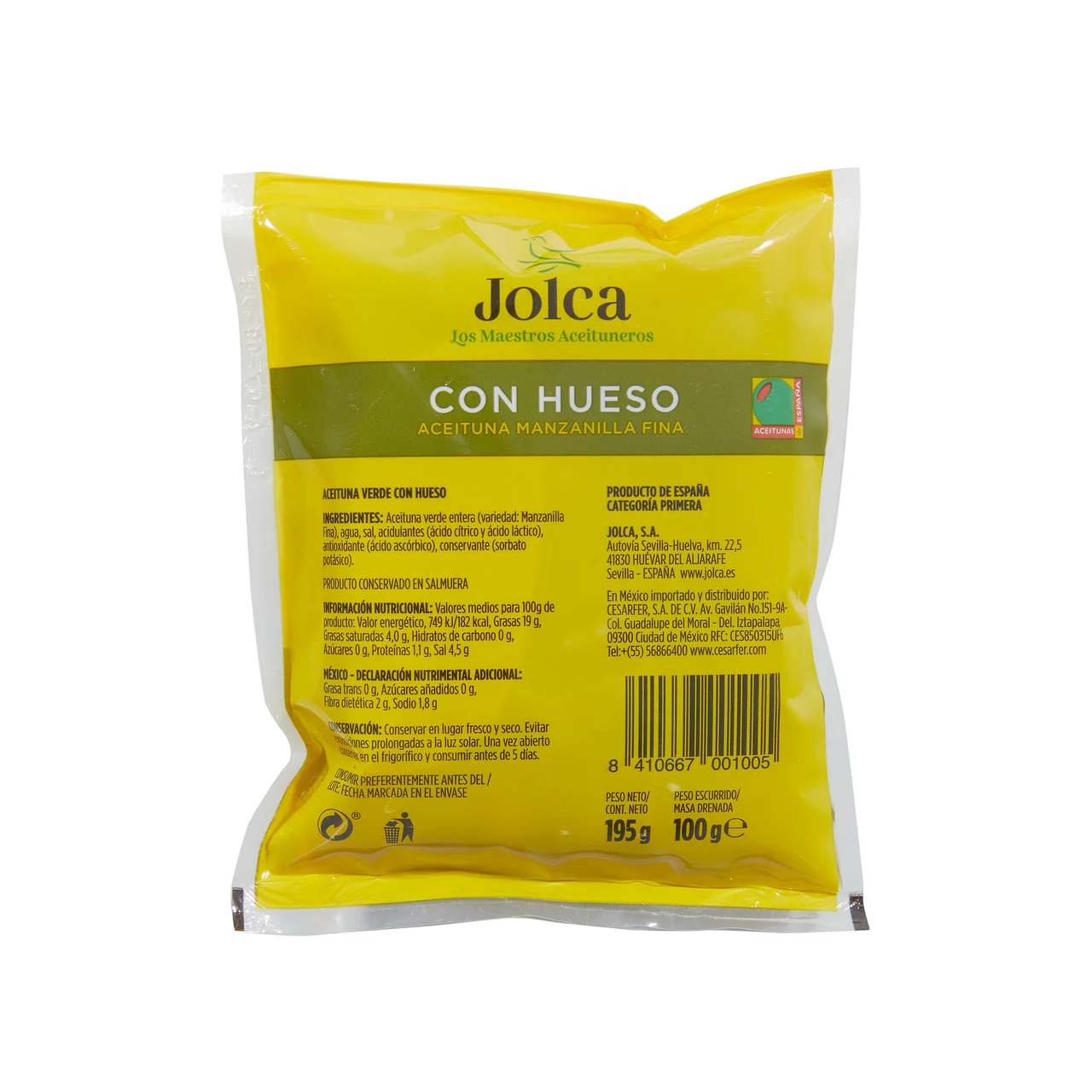 Aceitunas verdes manzanilla fina con hueso bolsa de 100 g.