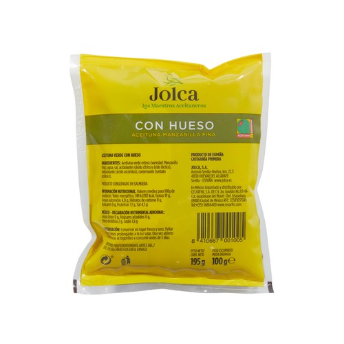 JOLCA Aceitunas verdes manzanilla fina con hueso bolsa de 100 g.