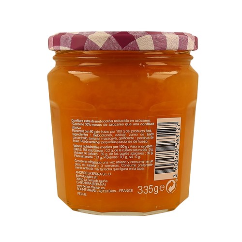 BONNE MAMAN Confitura de melocotón reducida en azúcares 335 g.