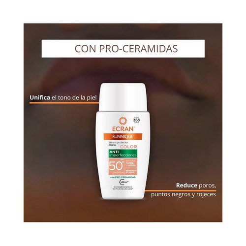 ECRAN Sunnique Sérum protector diario anti-imperfecciones, con color y FPS 50+ (muy alto) 40 ml.