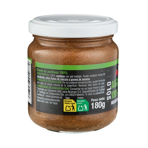PRODUCTO ALCAMPO Crema de avellanas elaborada sin gluten 180 g
